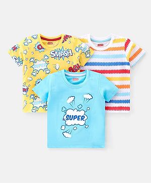 Babyhug 100% Cotton Knit Half Sleeves T-Shirt With Stripe & Text Graphics Pack Of 3 - Yellow & Blue