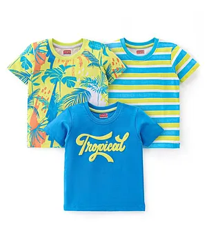 Babyhug 100% Cotton Knit Half Sleeves T-Shirt With Tropical Graphics Pack Of 3 - Blue & Yellow