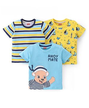 Babyhug Cotton Knit Half Sleeves T-Shirts Striped Teddy  & Boat Graphics Pack of 3  -  Multicolour