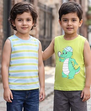 Babyhug Cotton Knit Sleeveless T-Shirt Stripes & Croc Print Pack of 2 - Green & Turquoise