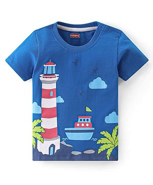 Babyhug Cotton Knit Half Sleeves T-Shirt Light House Print - Blue