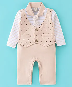 Jo&Bo Full Sleeves Striped & Triangles Printed Romper With Tie - Beige