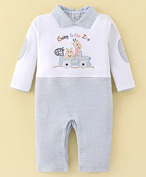 Jo&Bo Full Sleeves Going To The Zoo Embroidered &  Elbow Patch Detailed Romper - Blue