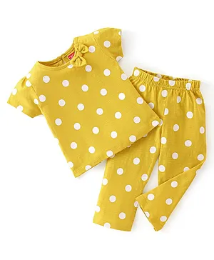 Babyhug Single Jersey Cotton Knit Half Sleeves Polka Dots Print Night Suit with Bow Applique - Yellow