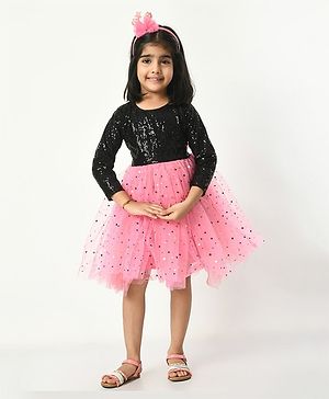 Bella Moda Full Sleeves Colour Blocked & Sequin Embellished Flared Dress - Pink