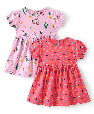 Babyhug Cotton Jersey Half Sleeves Polka Dots & Floral Printed Frocks Pack of 2 - Red & Pink