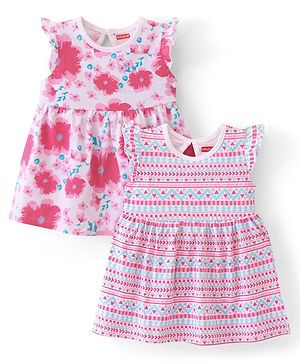 Babyhug  Cotton Jersey Knit Frill Sleeves Frock with Floral Print Pack of 2 - Multicolour