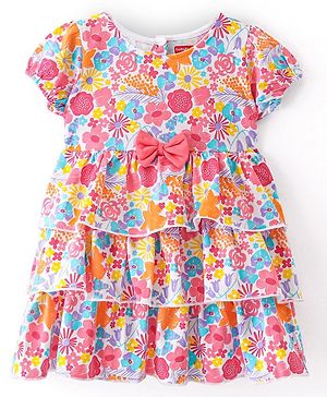 Babyhug Cotton Jersey Half Sleeves Floral Printed Layered Frock - White & Pink