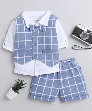 BUMZEE Full Sleeves  Checked 3 Piece Set - Sky Blue & White