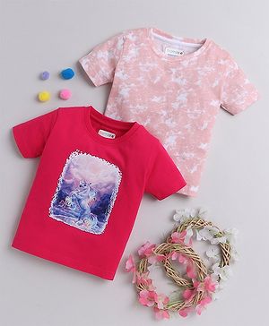 BUMZEE Pack Of 2 Cotton Half Sleeves Tye Dye & Unicorn Printed Tees - Peach & Pink