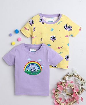 BUMZEE Pack Of 2 Half Sleeves Rainbow & Fish Printed Tees - Lavender Purple & Yellow