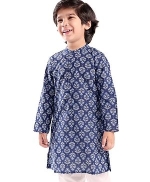 Babyhug 100% Cotton Woven Full Sleeves Kurta with Floral Print- Indigo