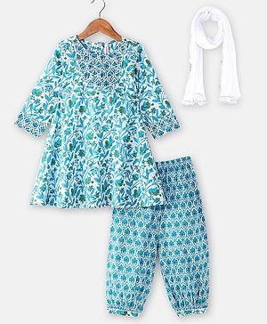 Babyhug 100% Cotton Woven Three Fourth Sleeves Kurti Salwar & Dupatta Floral Print - Blue