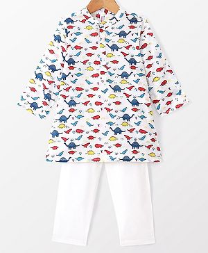 Babyhug 100% Cotton Woven Kurta & Pyjama Set With Dino Print - White