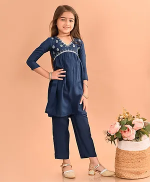 Lilpicks Couture Three Fourth Sleeves Floral Yoke Embroidered Kurta With Pant Set - Royal Blue