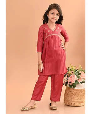 Lilpicks Couture Three Fourth Sleeves Floral Yoke Embroidered Kurta With Pant Set - Crimson Red