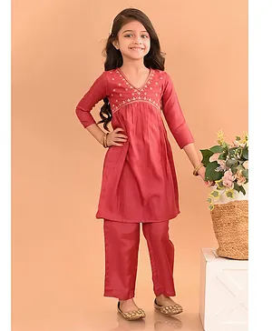 Lilpicks Couture Three Fourth Sleeves Floral Yoke Embroidered Kurta With Pant Set - Rose Red