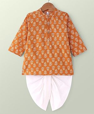 Babyhug Cotton Full Sleeves Dhari Printed Kurta Dhoti Set - Mustard