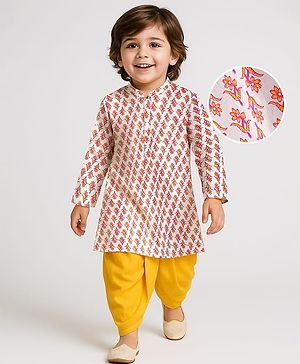 Babyhug 100% Cotton Woven Full Sleeves Kurta & Dhoti Set With Floral Print - White