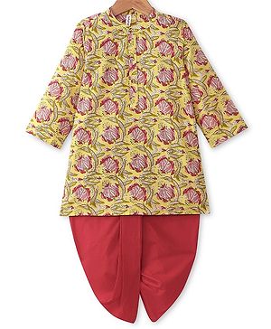 Babyhug 100% Cotton Woven Full Sleeves Floral Printed Kurta Dhoti Set- Lime Yellow