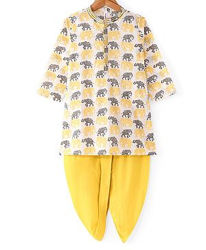 Babyhug 100% Cotton Woven Full Sleeves Kurta & Dhoti Set With Elephant Print - Yellow