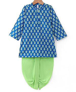 Babyhug Cotton Full Sleeves Hand Block Printed Kurta & Dhoti Set - Indigo & Green
