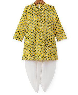 Babyhug 100% Cotton Woven Full Sleeves Kurta and Dhoti Set Floral Print - Yellow