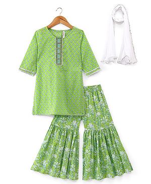Babyhug 100% Cotton Woven Three Fourth Sleeves Kurti Palazzo & Dupatta Floral Print - Green