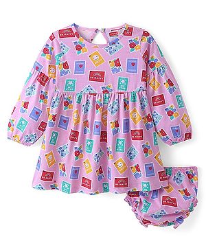 Babyhug 100% Cotton Jersey Full Sleeves Frock With Bloomer Stamp Print - Pink