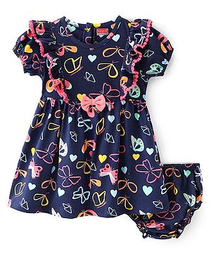 Babyhug Cotton Jersey Half Puffed Sleeves Butterfly Printed Frock With Bloomer - Navy