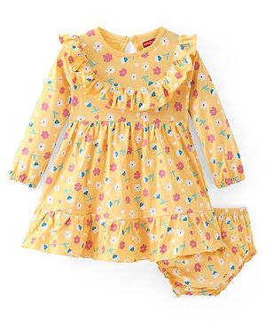 Babyhug Cotton Jersey Knit Full Sleeves Frock with Frill Detailing & Bloomer Floral Print - Yellow