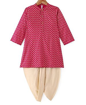 Babyhug 100% Cotton Woven Full Sleeves Floral Foil Printed Kurta & Dhoti Set - Fuschia