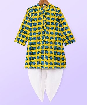 Babyhug 100% Cotton Woven Full Sleeves Kurta & Dhoti Set Elephant Print - Yellow