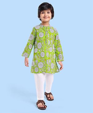 Babyhug Cotton Woven Full Sleeves Kurta & Pyjama Set With Floral Print - Green & White