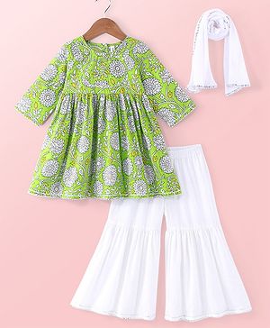 Babyhug Cotton Woven Three Fourth Sleeves Floral Print Kurti & Palazo Dupatta Set with Lace Detailing   - Green