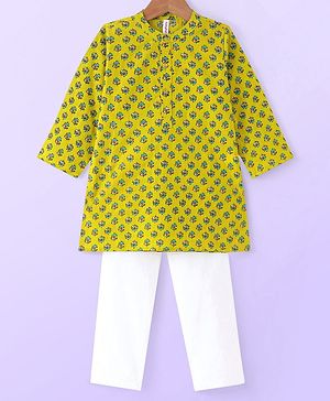 Babyhug Cotton Full Sleeves Kurta Pyjama Set Floral Print - Lime Yellow