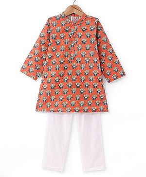 Babyhug Cotton Woven  Full Sleeves Floral Printed Kurta Pyjama Set - Orange