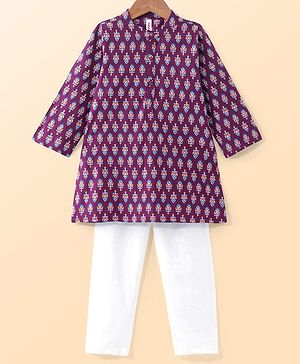 Babyhug Cotton Full Sleeves Hand Block Printed Kurta & Pyjama Set - Magenta & White
