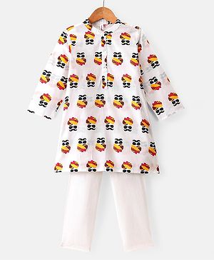 Babyhug 100% Cotton Woven Full Sleeves Turban Foil Printed Kurta & Pyjama Set - White