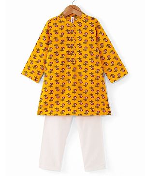 Babyhug 100% Cotton Woven Full Sleeves Floral Printed Kurta Pajama Set - Yellow
