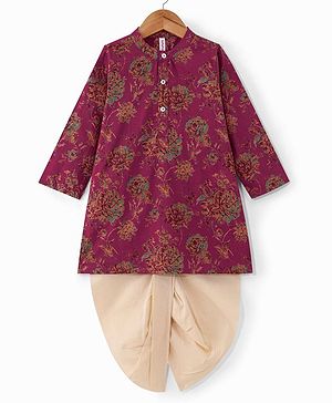 Babyhug 100% Cotton Woven Full Sleeves Floral Printed Kurta & Dhoti Set - Magenta