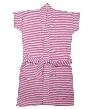 BUMZEE Terry Cotton Half Sleeves Striped Bath Robe -  Pink