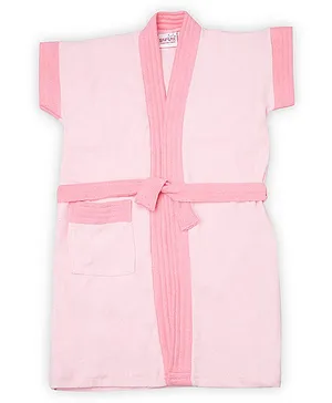 BUMZEE Terry Cotton Half Sleeves Colour Blocked Bath Robe - Pink