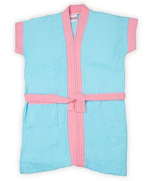 BUMZEE Terry Cotton Half Sleeves Colour Blocked Bath Robe - Blue & Pink