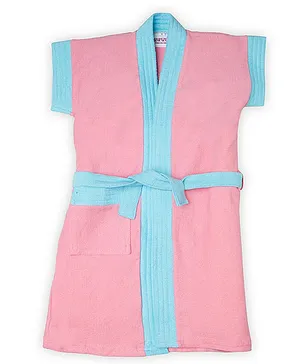 BUMZEE Terry Cotton Half Sleeves Colour Blocked Bath Robe - Pink & Blue