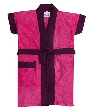 BUMZEE Terry Cotton Half Sleeves Colour Blocked Bath Robe - Pink & Purple