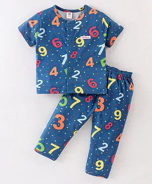 ToffyHouse Half Sleeves Night Suit With Numbers Print - Navy Blue