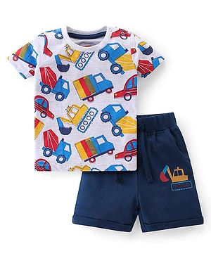 Babyhug Single Jersey Knit Half Sleeves T-Shirt & Shorts JCB Print - Grey & Navy Blue