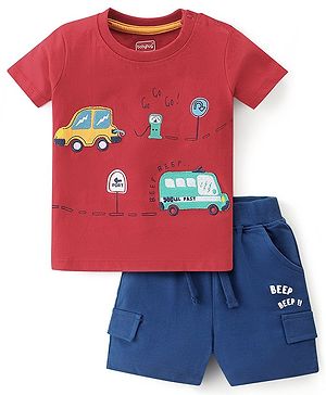 Babyhug Cotton Knit Half Sleeves Trucks Printed T-Shirt & Shorts Set - Red & Blue
