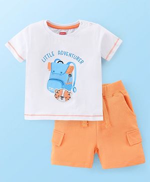 Babyhug Single Jersey Knit Half Sleeves T-Shirt &  Shorts Set Tiger Print - White & Orange